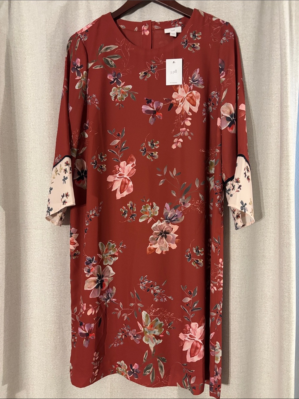 NWT J. Jill Rust Floral 3/4 Sleeve Shift Dress with Pink Accents